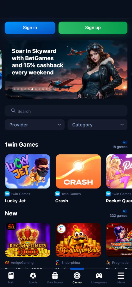 Screenshot of the casino section in the 1win Armenia app