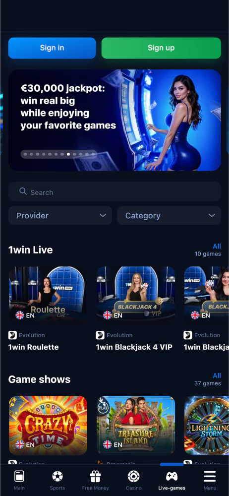 Screenshot of the live casino section of the 1win Armenia app