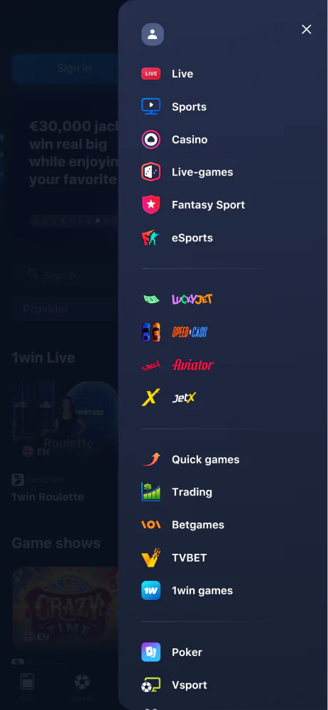 Screenshot of the 1win Armenia app menu