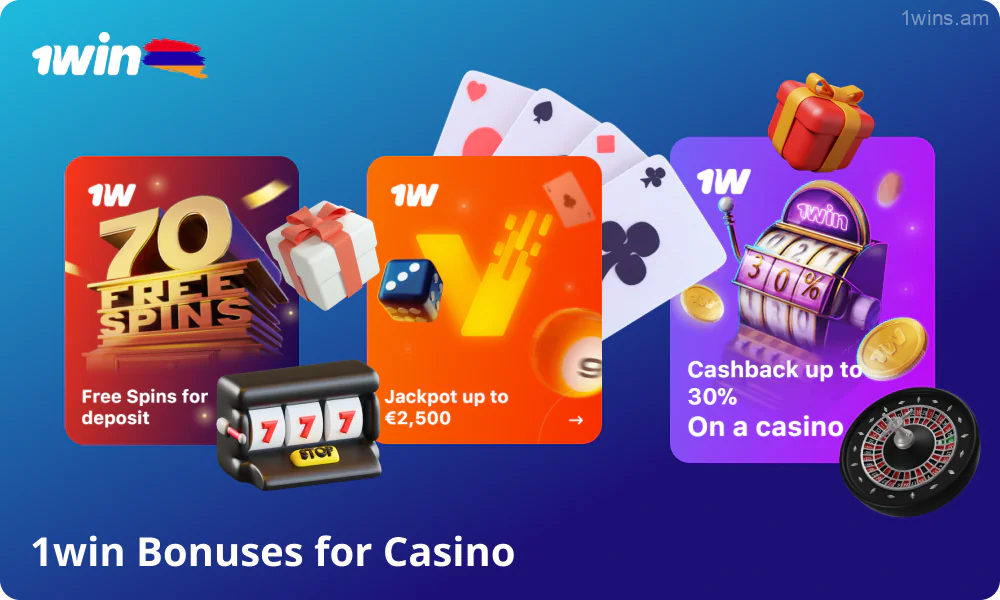 1win Armenia offers various casino bonuses, including 70 free spins on deposit, a TVBET jackpot, and 30% weekly cashback
